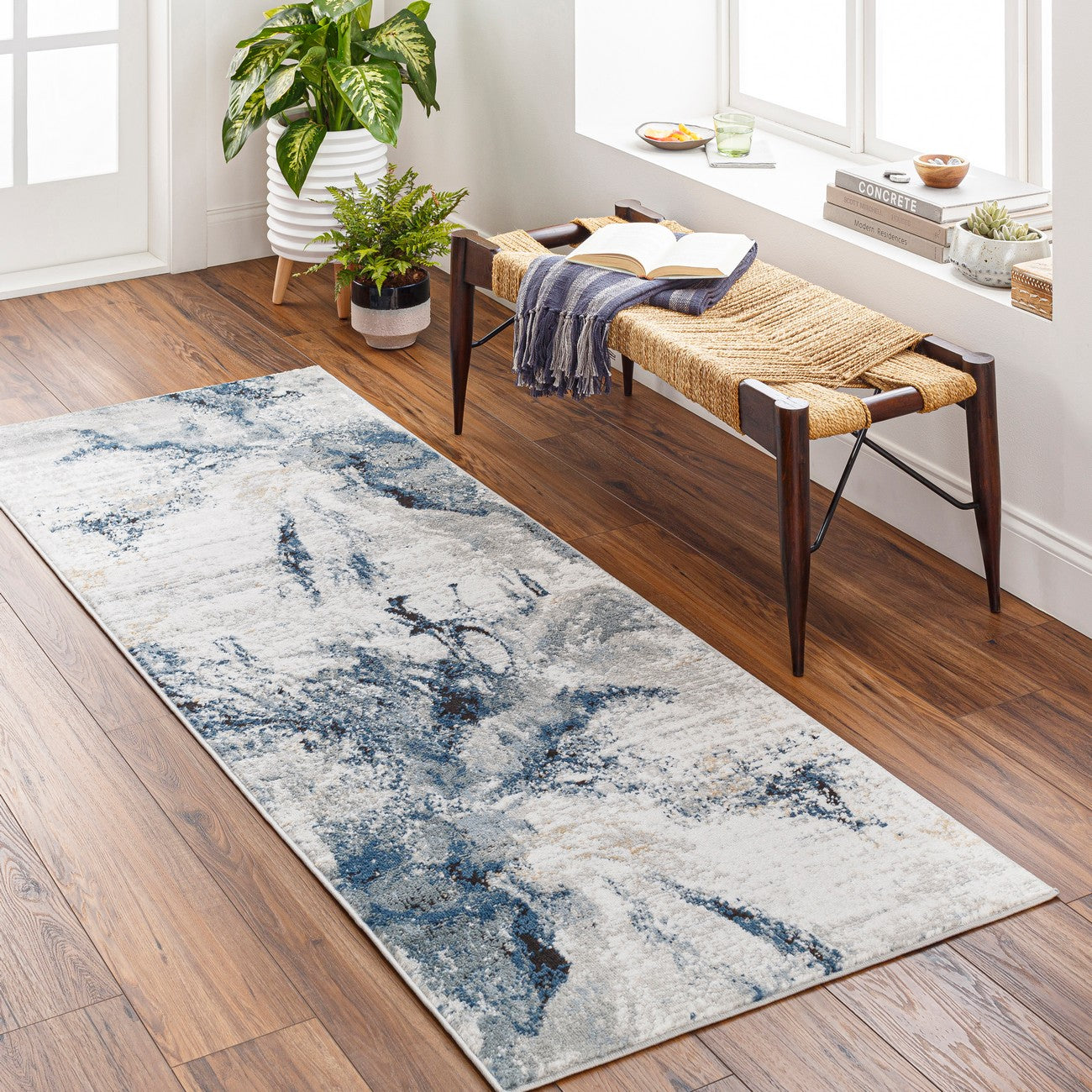 EMMA Abstract Modern Marble Dark Blue Area Rug Roomscene