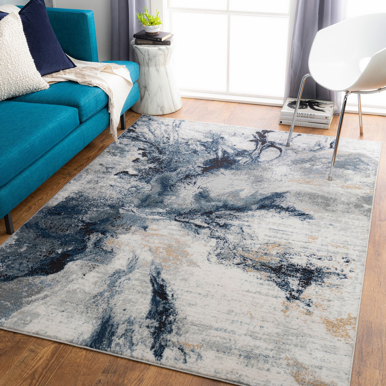 EMMA Abstract Modern Marble Dark Blue Area Rug Roomscene
