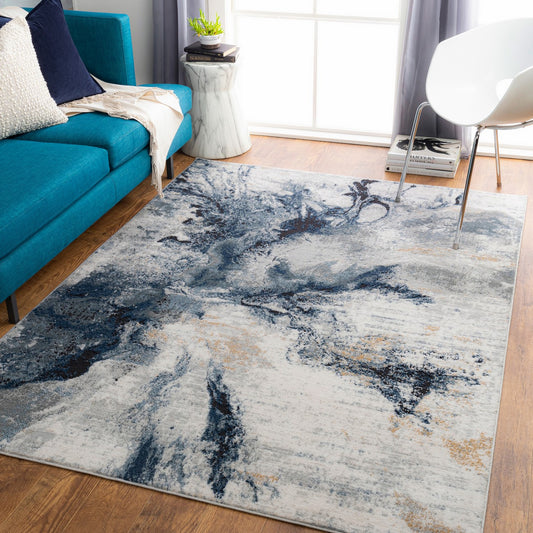 EMMA Abstract Modern Marble Dark Blue Area Rug Roomscene