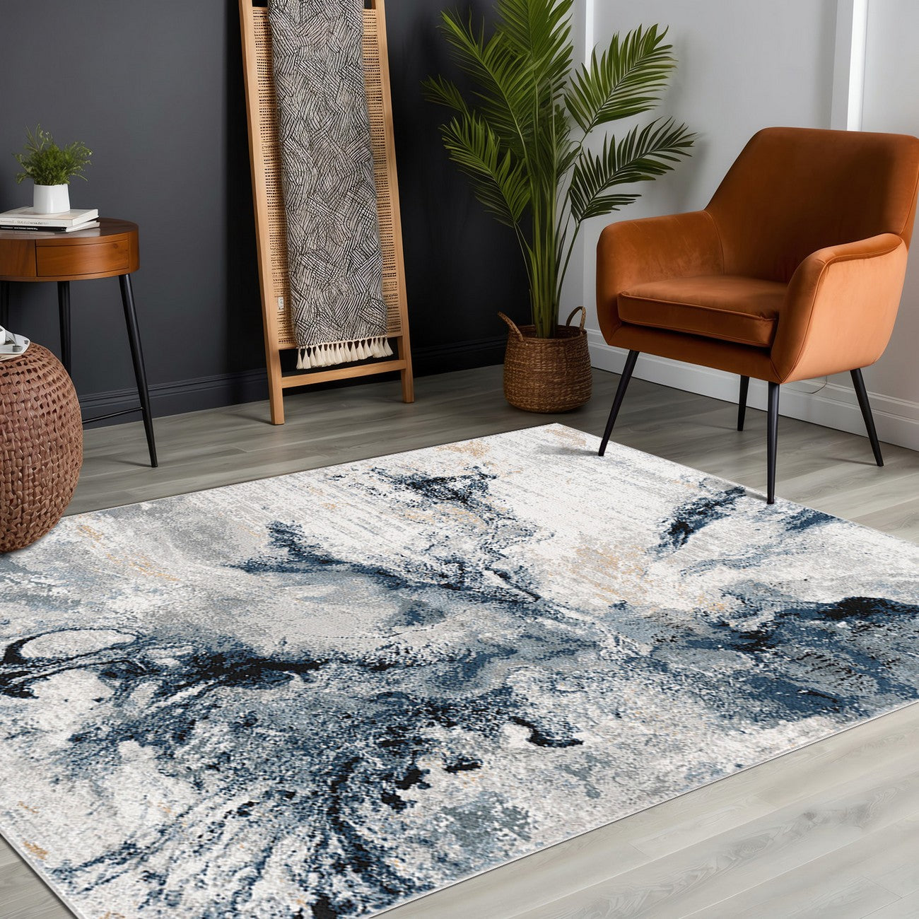 EMMA Abstract Modern Marble Dark Blue Area Rug Roomscene