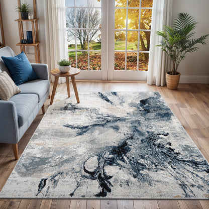 EMMA Abstract Modern Marble Dark Blue Area Rug Roomscene