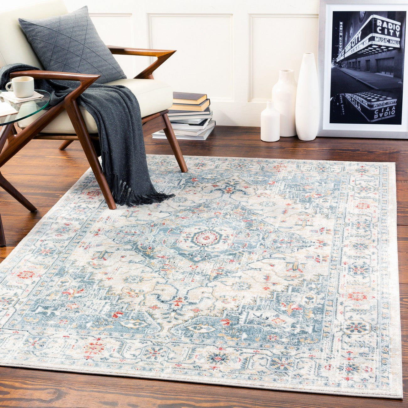 DALILA Vintage Traditional Oriental Boho Medium Grey Area Rug Roomscene