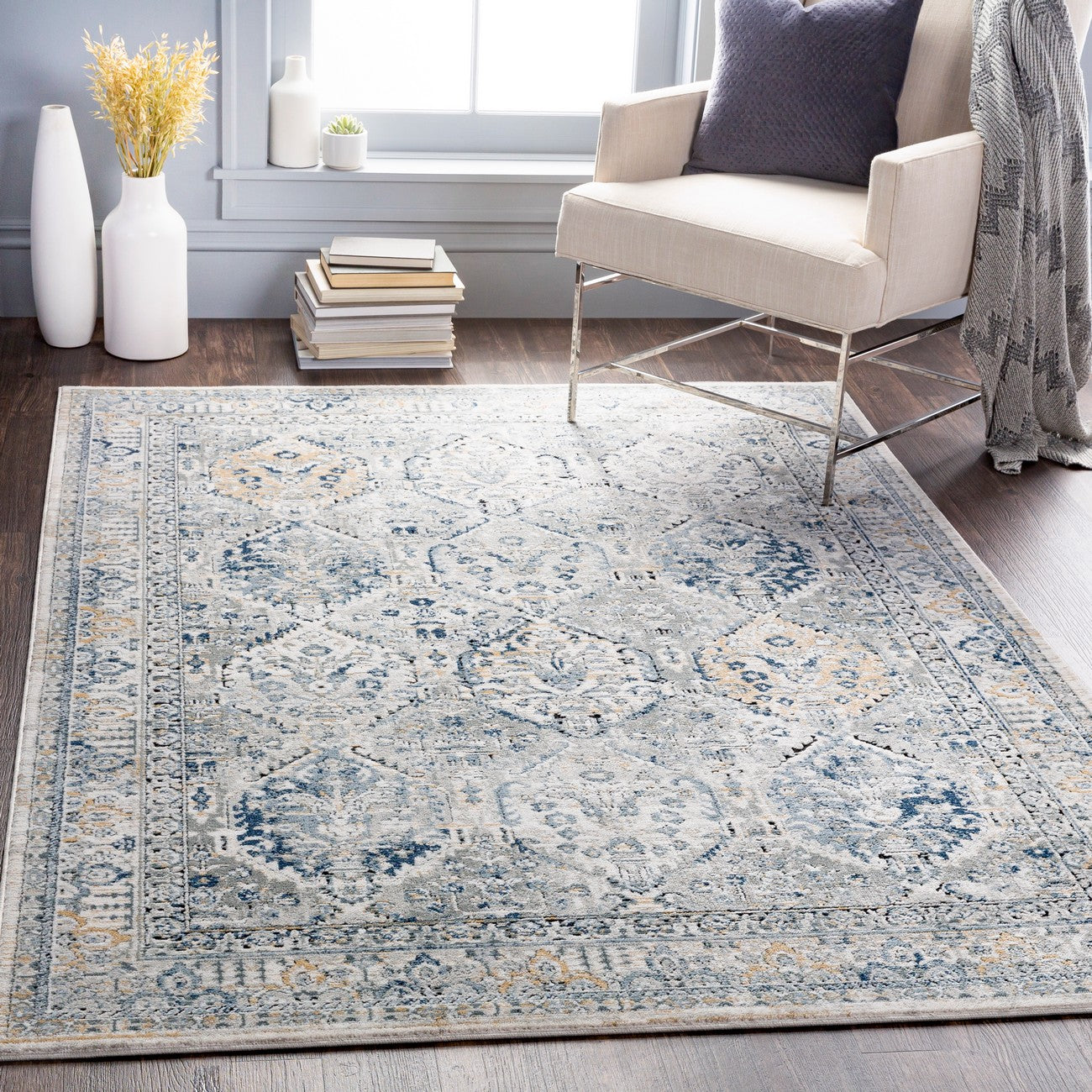 CAMILA Vintage Traditional Oriental Boho Light Grey Area Rug Roomscene