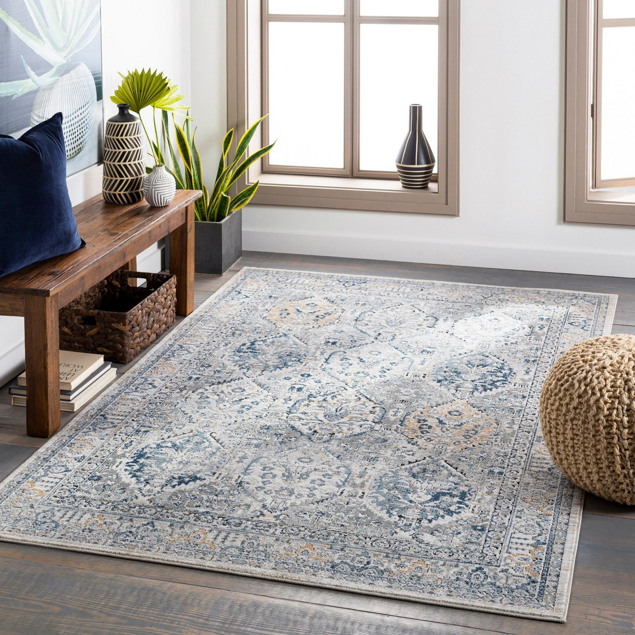 CAMILA Vintage Traditional Oriental Boho Light Grey Area Rug Roomscene