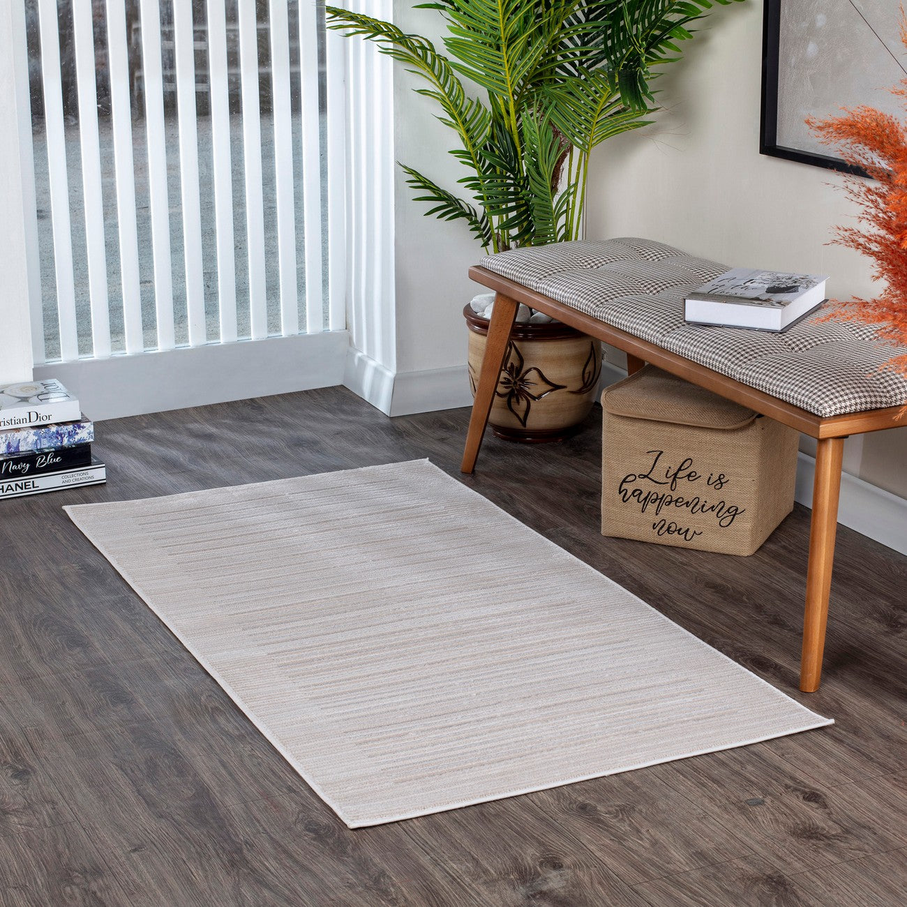 KAYSA Scandi Modern Beige/White Striped Area Rug Roomscene