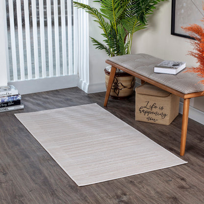 KAYSA Scandi Modern Beige/White Striped Area Rug Roomscene