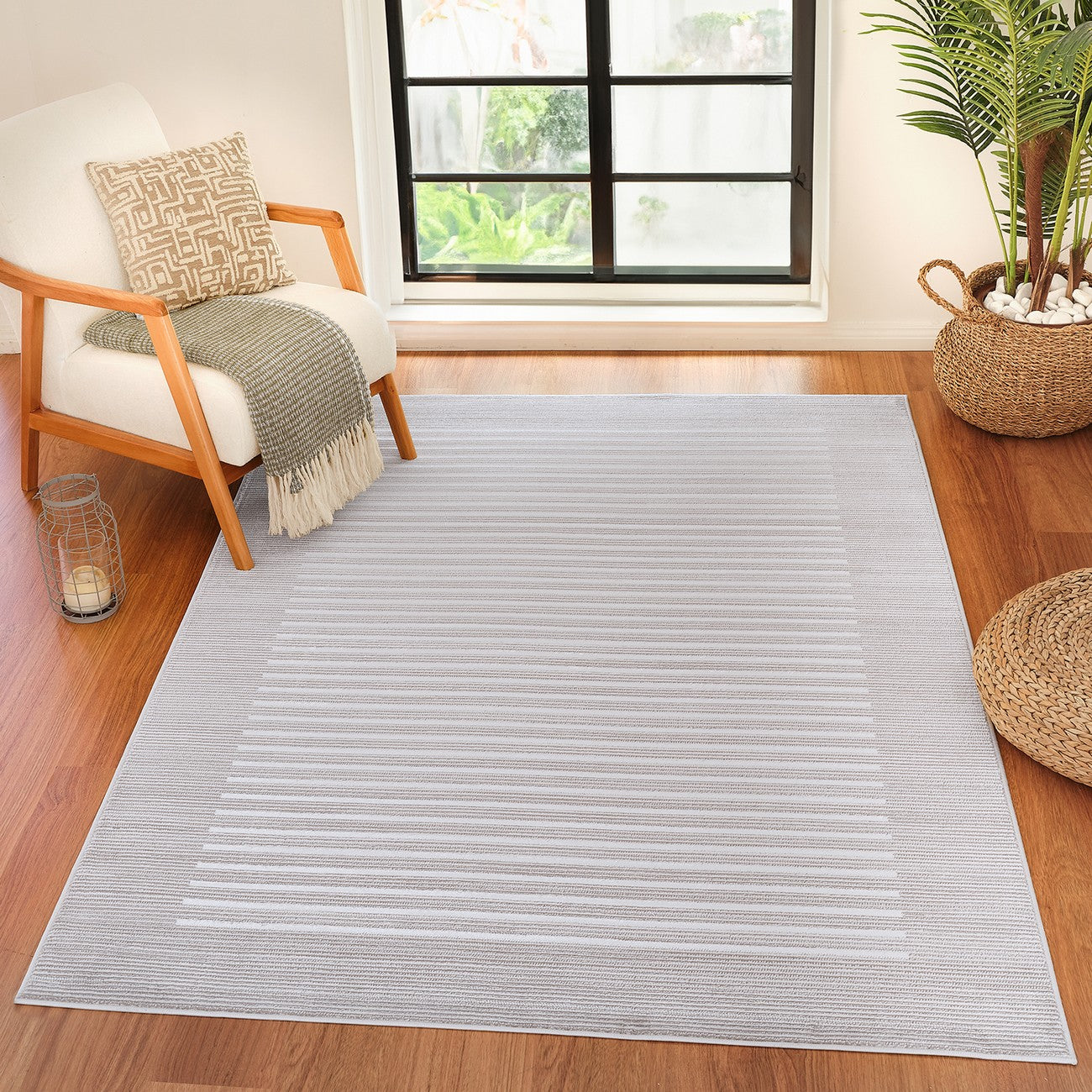 KAYSA Scandi Modern Beige/White Striped Area Rug Roomscene