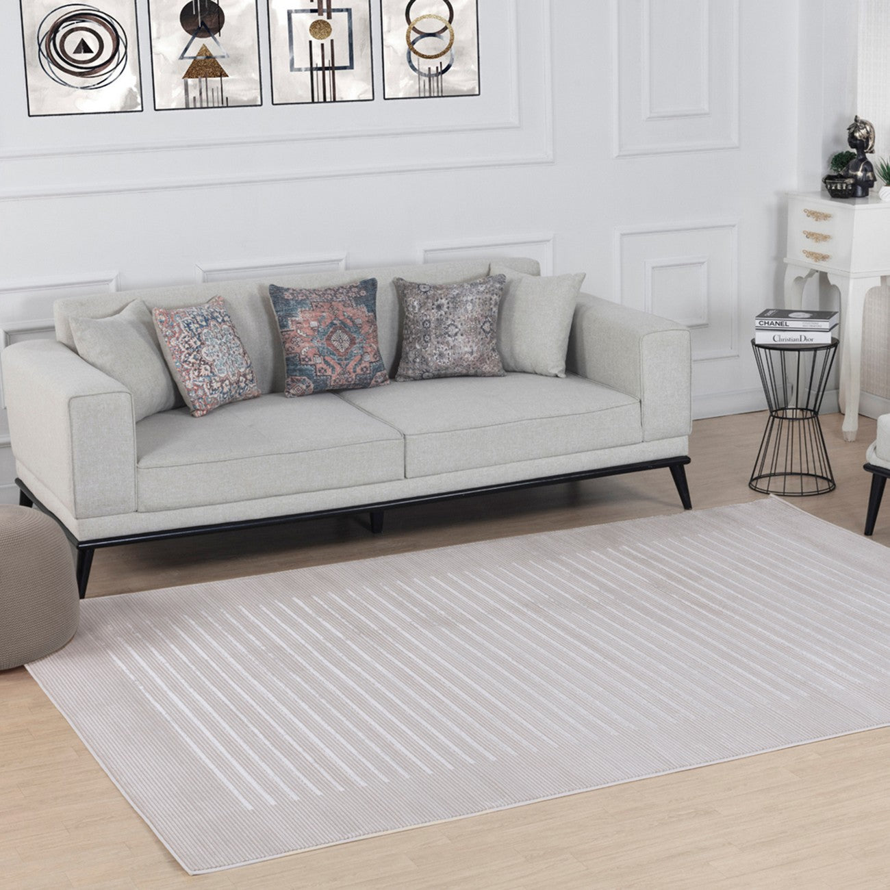 KAYSA Scandi Modern Beige/White Striped Area Rug Roomscene