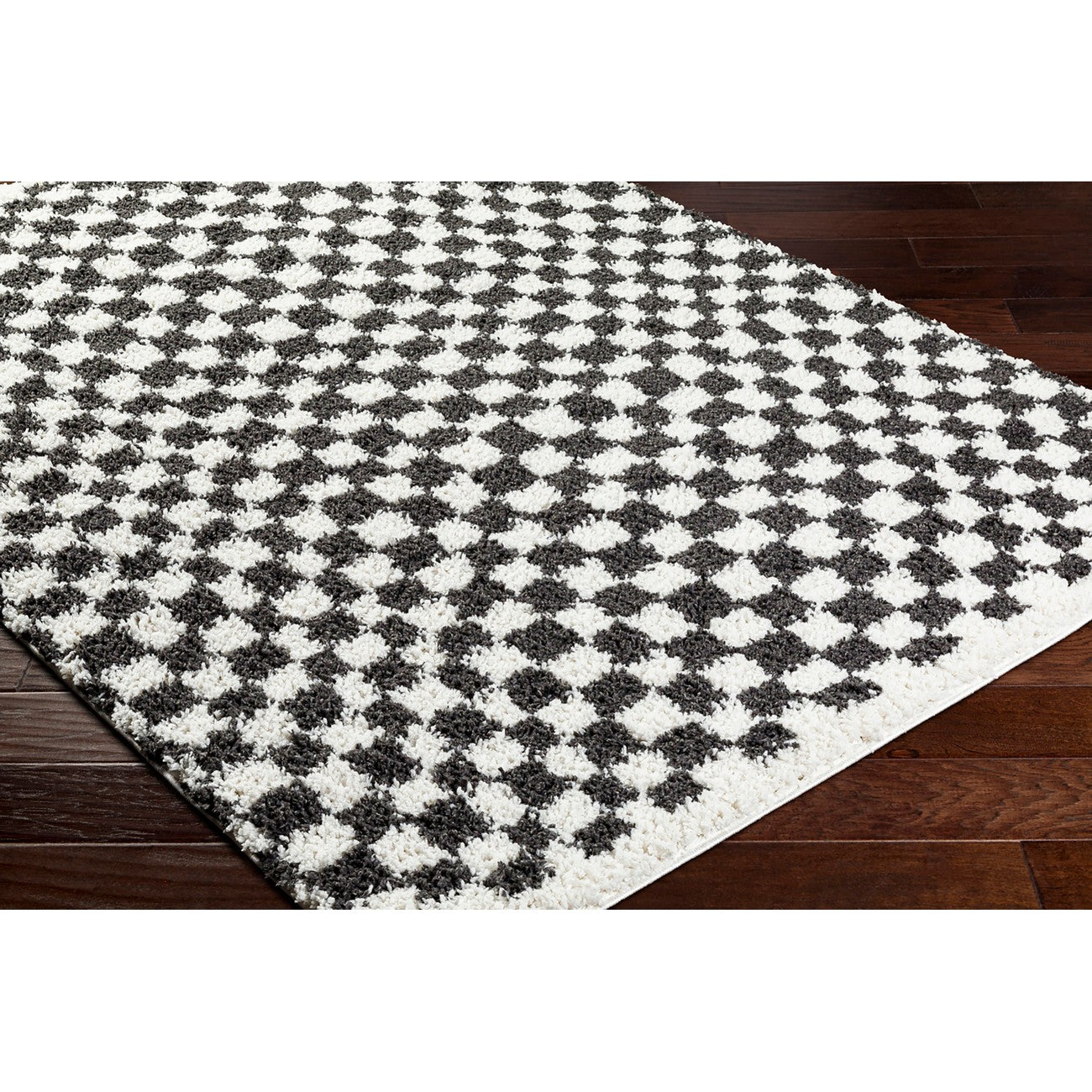 KITTU Shaggy Modern Plush Pile Dark Grey Checkered Area Rug Corner