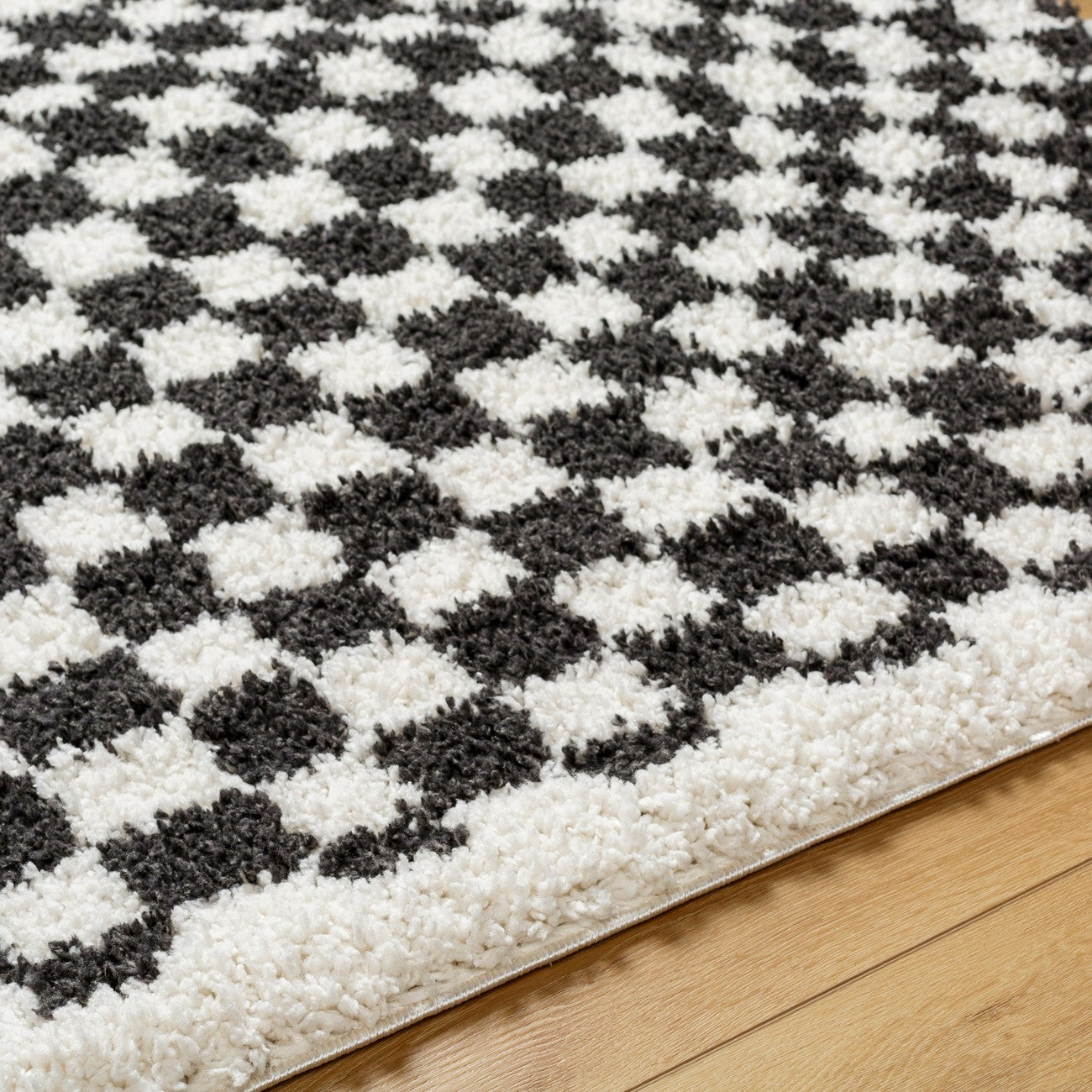 KITTU Shaggy Modern Plush Pile Dark Grey Checkered Area Rug Texture