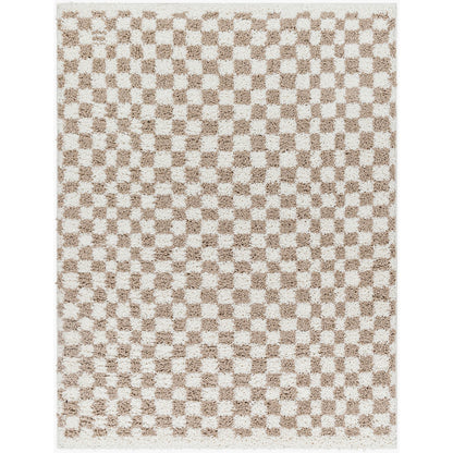 KITTU Shaggy Modern Plush Pile Light Brown Checkered Area Rug Flat