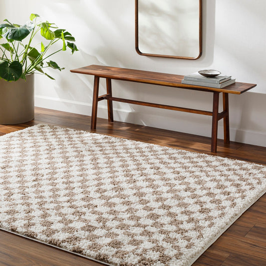 KITTU Shaggy Modern Plush Pile Light Brown Checkered Area Rug Roomscene