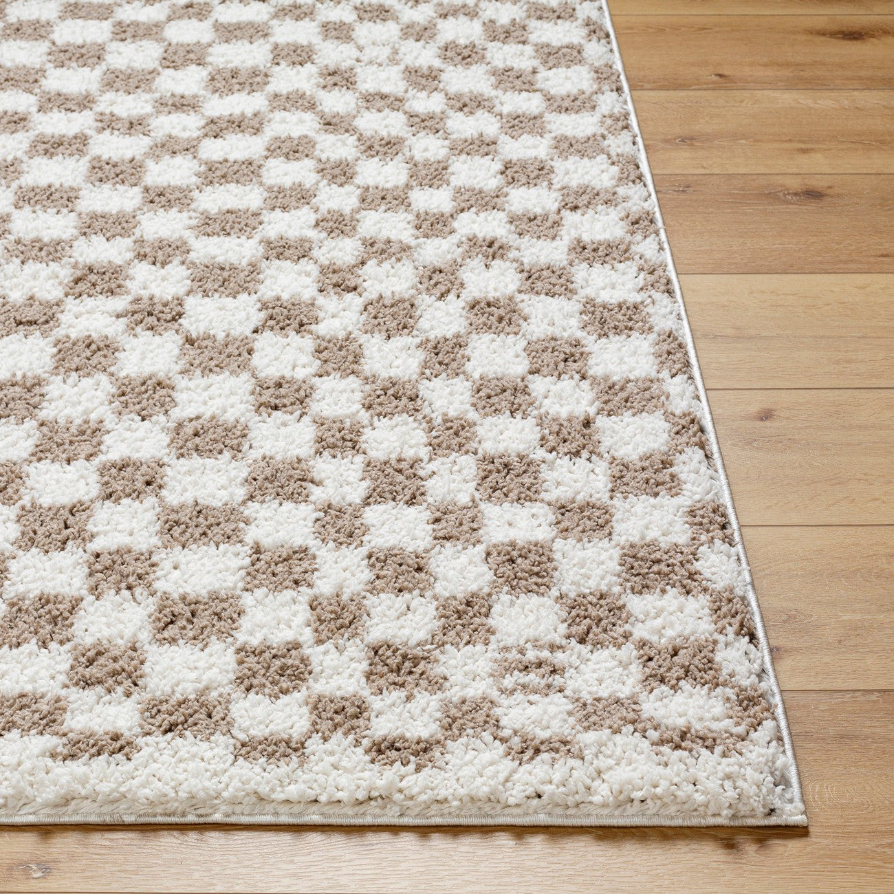 KITTU Shaggy Modern Plush Pile Light Brown Checkered Area Rug Front