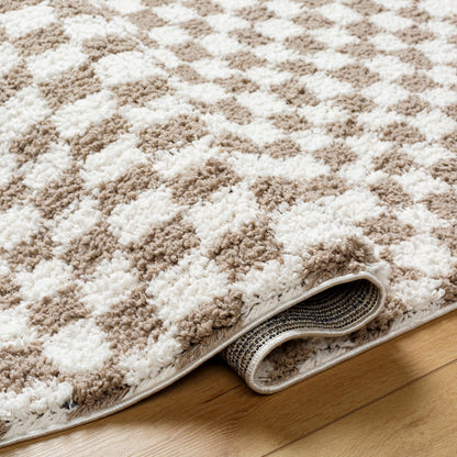 KITTU Shaggy Modern Plush Pile Light Brown Checkered Area Rug Fold