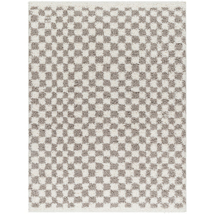 KITTU Shaggy Modern Plush Pile Light Grey Checkered Area Rug Flat