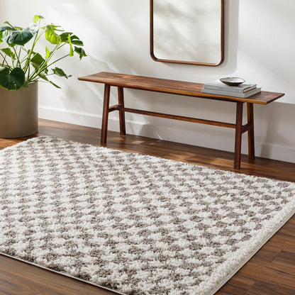 KITTU Shaggy Modern Plush Pile Light Grey Checkered Area Rug Roomscene