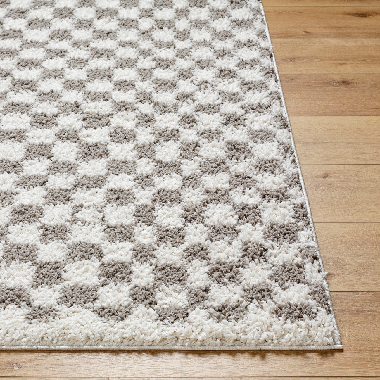 KITTU Shaggy Modern Plush Pile Light Grey Checkered Area Rug Front