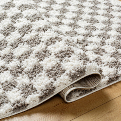 KITTU Shaggy Modern Plush Pile Light Grey Checkered Area Rug Fold