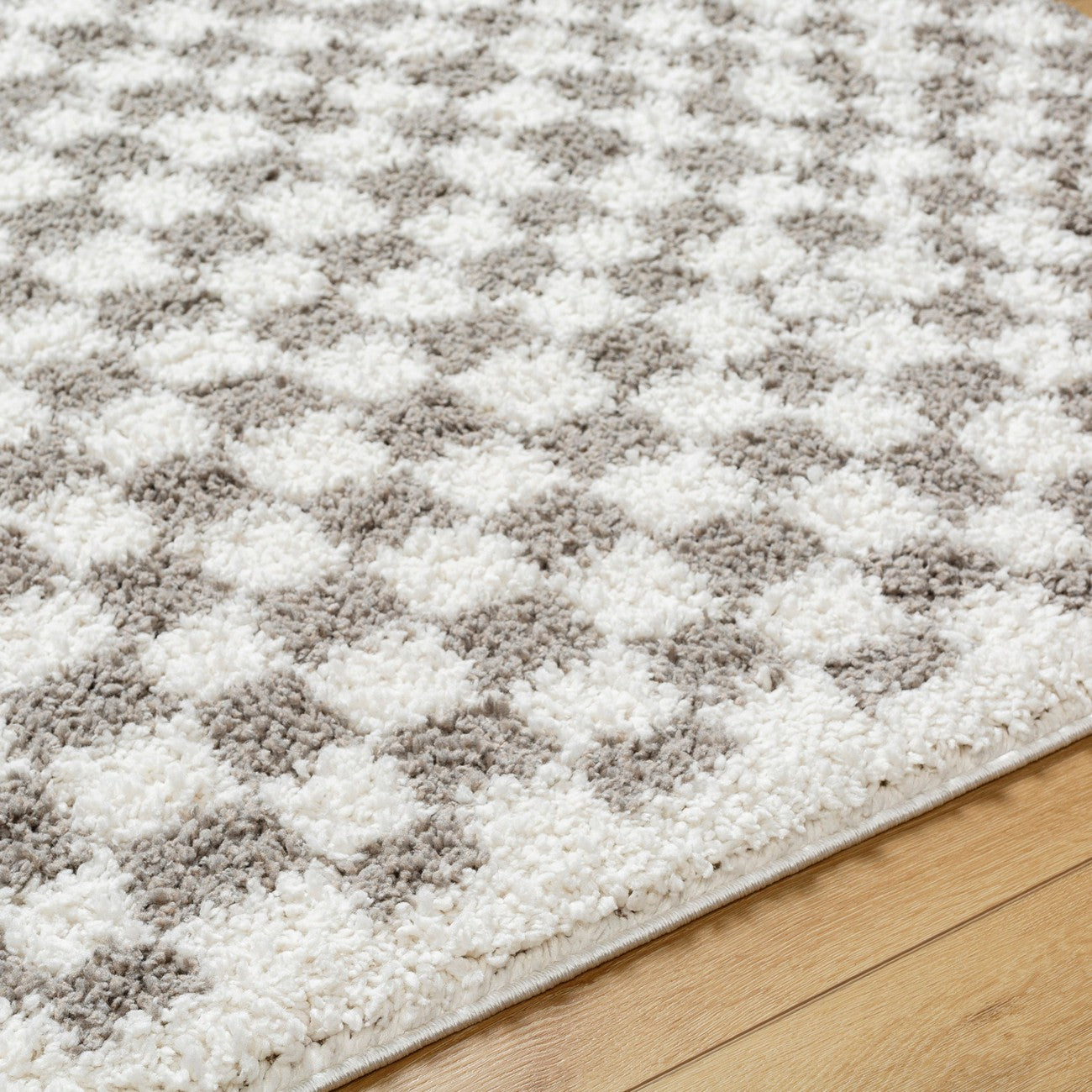 KITTU Shaggy Modern Plush Pile Light Grey Checkered Area Rug Texture