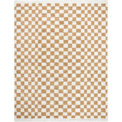 KITTU Shaggy Modern Plush Pile Saffron Checkered Area Rug Flat