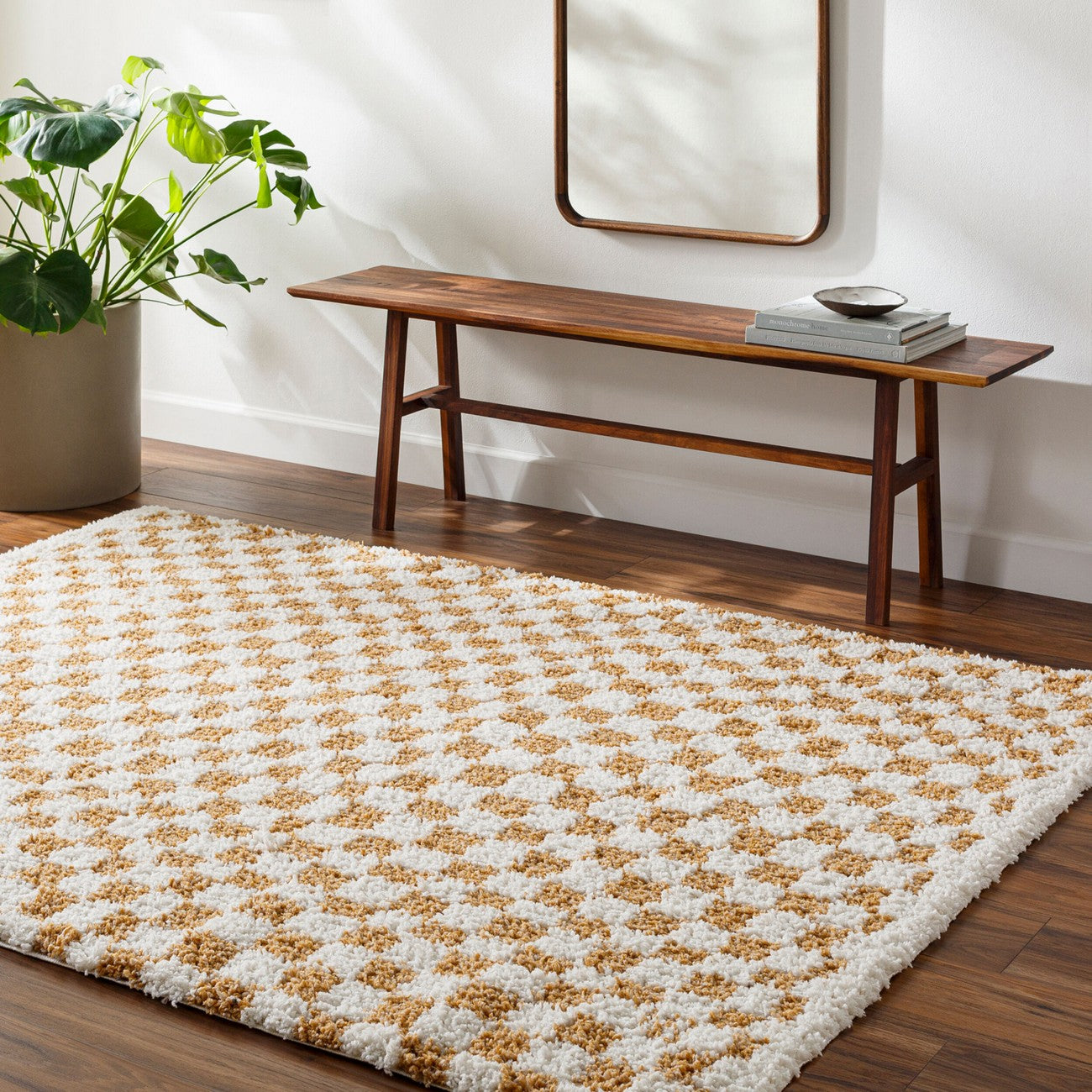 KITTU Shaggy Modern Plush Pile Saffron Checkered Area Rug Roomscene