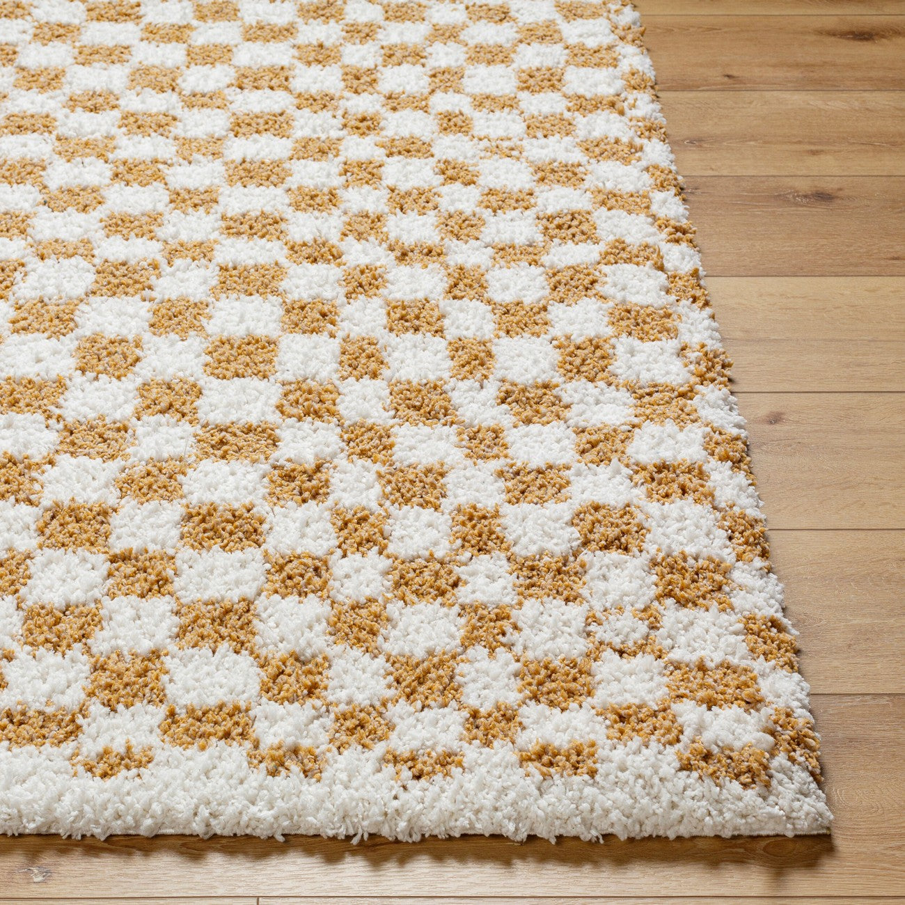 KITTU Shaggy Modern Plush Pile Saffron Checkered Area Rug Front