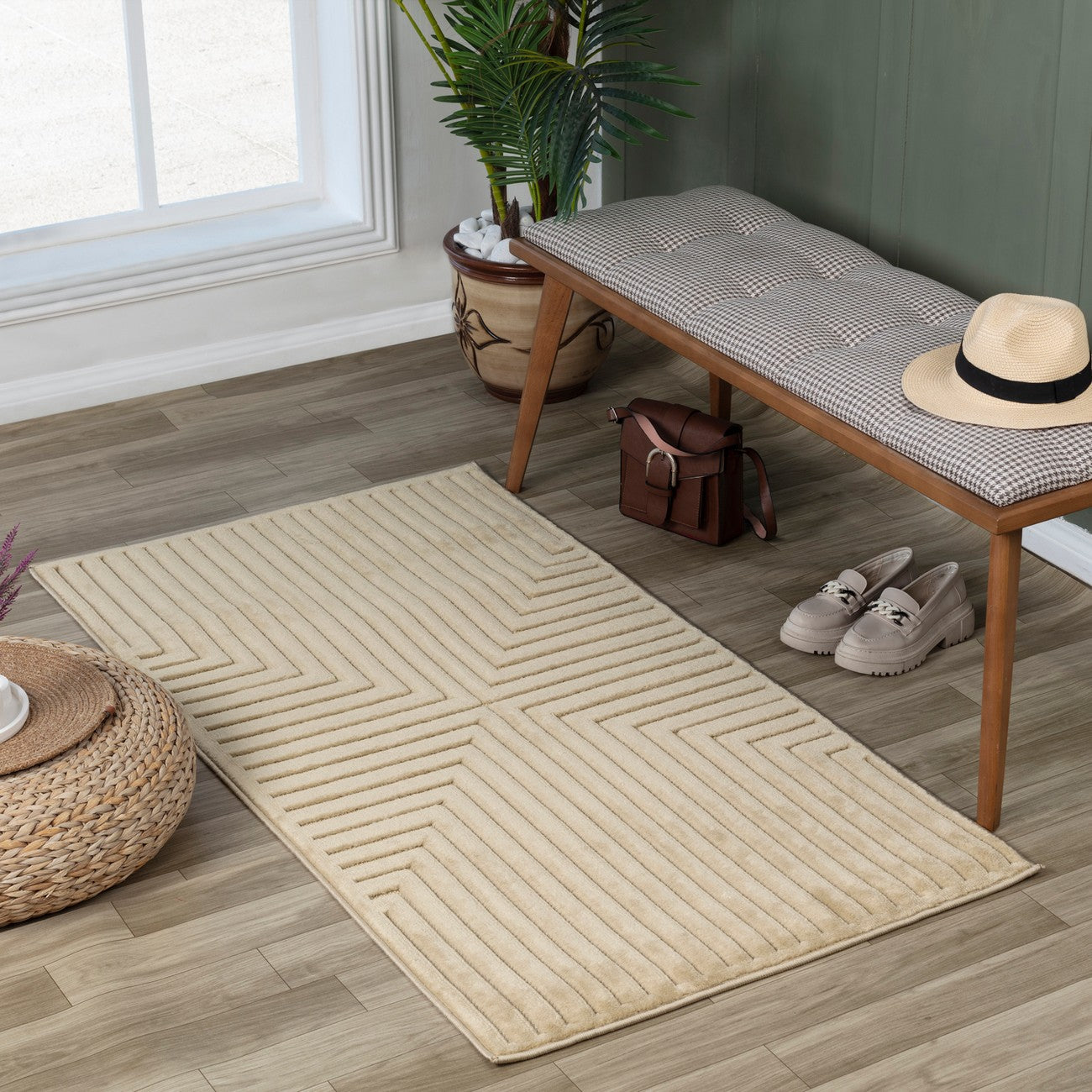 KIYOSHI Indoor & Outdoor Scandi Modern Beige Area Rug Roomscene
