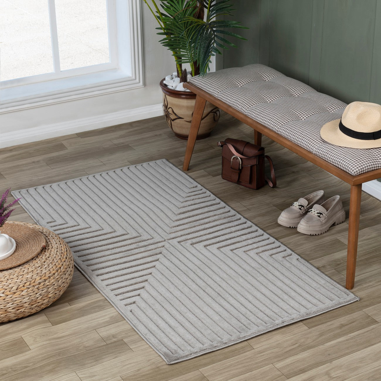 KIYOSHI Indoor & Outdoor Scandi Modern Grey Area Rug Roomscene