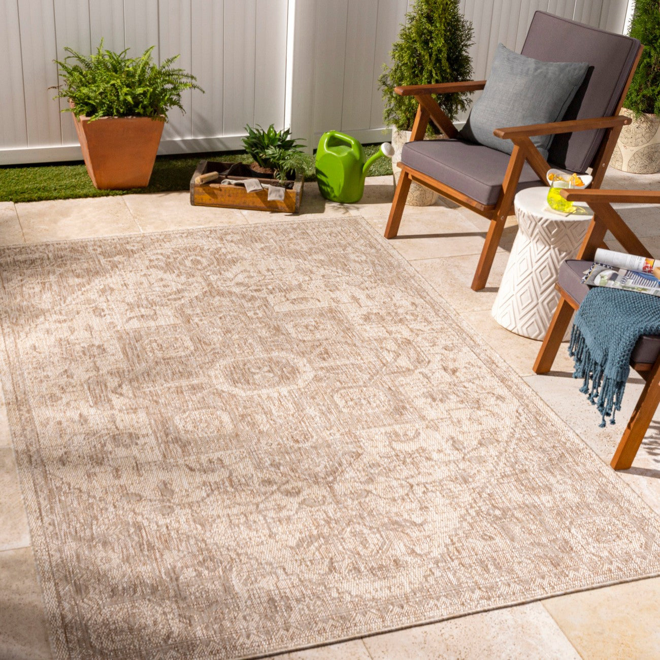 LINDA MAYA Outdoor Oriental Jute-Look Beige Area Rug Roomscene