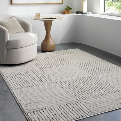 LORAINE Galey Alix x Livabliss Modern Scandi High Pile Ivory/Black Area Rug Roomscene