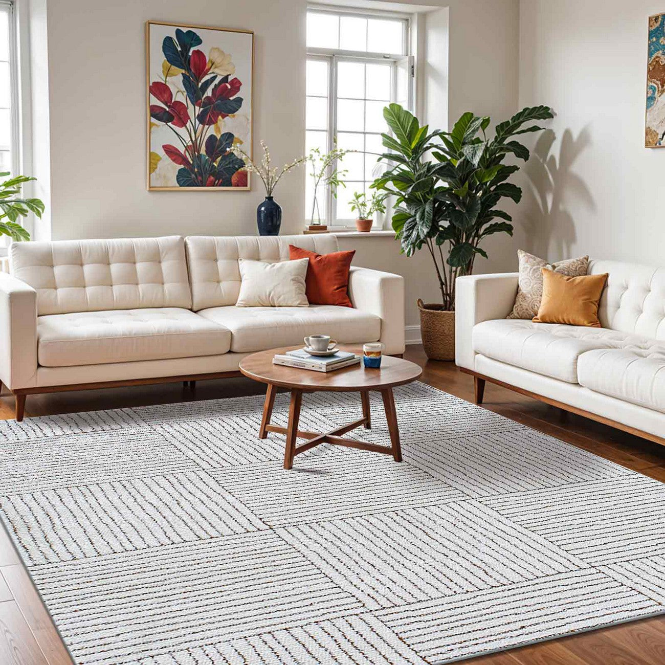 LORAINE Galey Alix x Livabliss Modern Scandi High Pile Ivory/Dark Brown Area Rug Roomscene