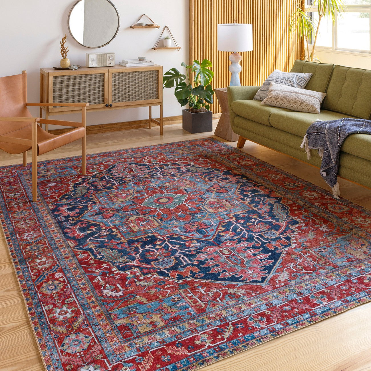 LOREDANA Vintage Oriental Boho Bright Red Area Rug Roomscene