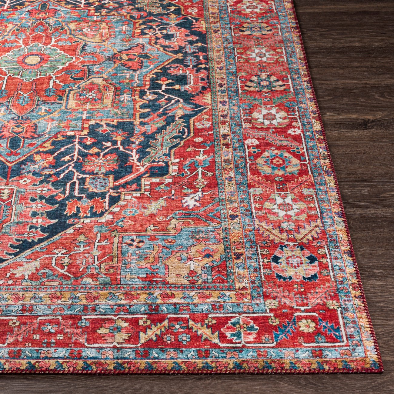 LOREDANA Vintage Oriental Boho Bright Red Area Rug Front