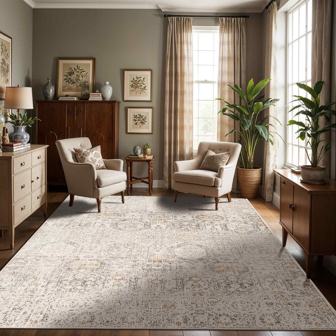 LOTUS Vintage Traditional Oriental Boho Tan/Ivory Area Rug Roomscene