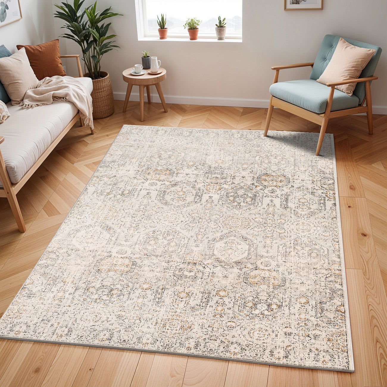 LOTUS Vintage Traditional Oriental Boho Tan/Ivory Area Rug Roomscene