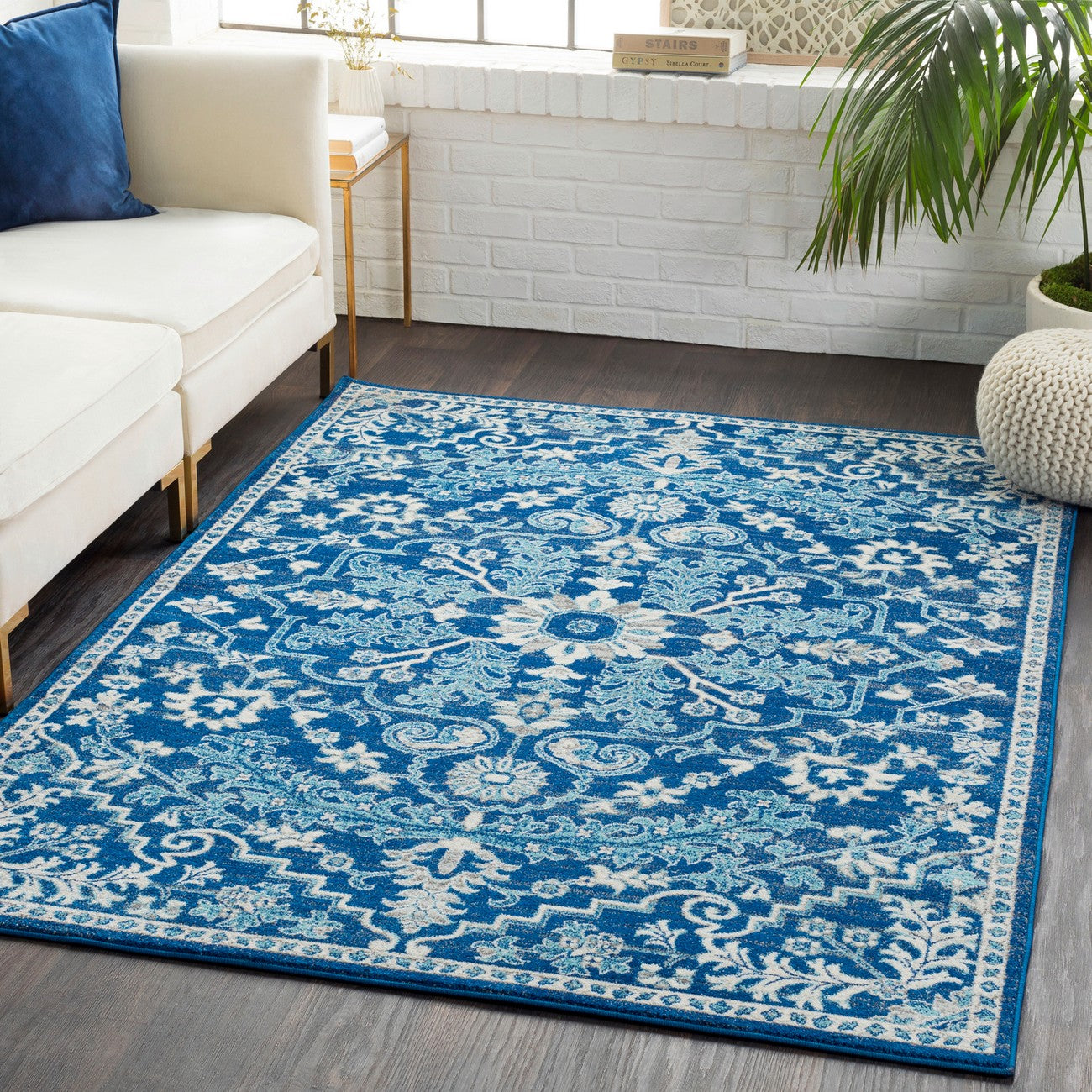 LOU Vintage Oriental Boho Dark Blue Area Rug Roomscene