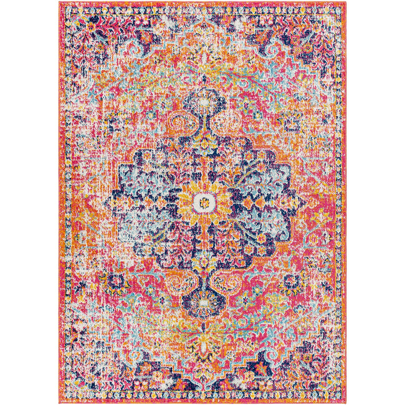 LOU Vintage Traditional Oriental Boho Orange/Dark Blue Area Rug Flat