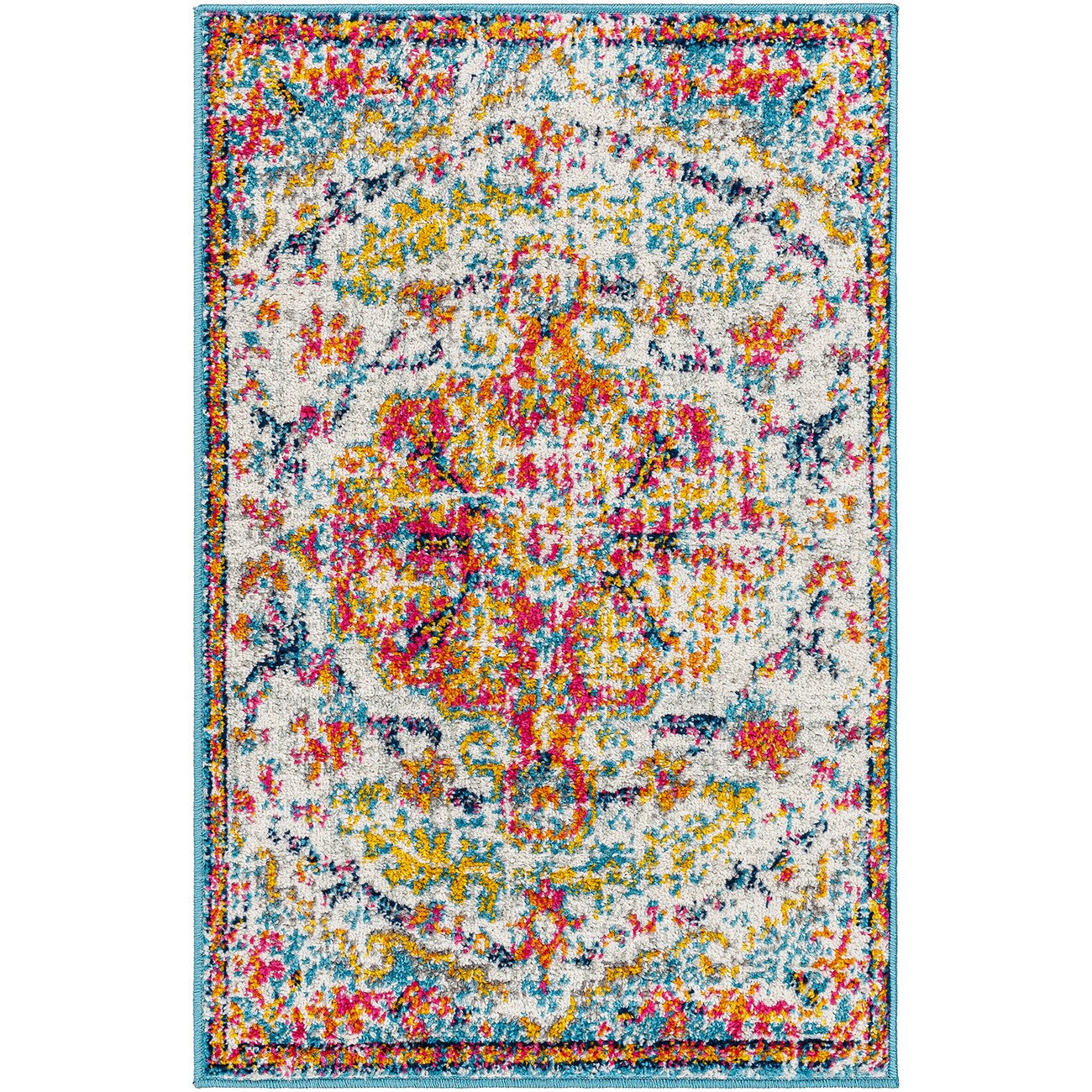 LOU Vintage Traditional Oriental Boho Saffron/Teal Area Rug Flat