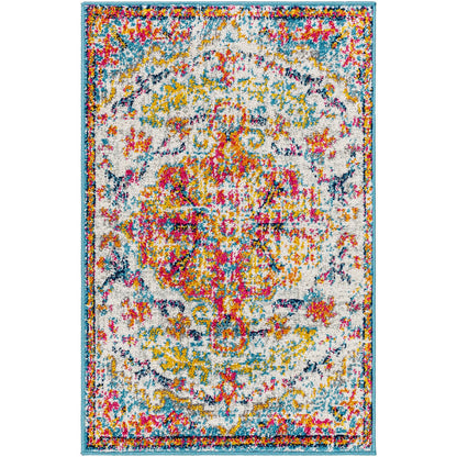 LOU Vintage Traditional Oriental Boho Saffron/Teal Area Rug Flat