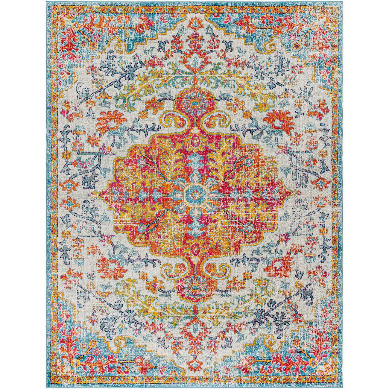 LOU Vintage Traditional Oriental Boho Saffron/Teal Area Rug Flat