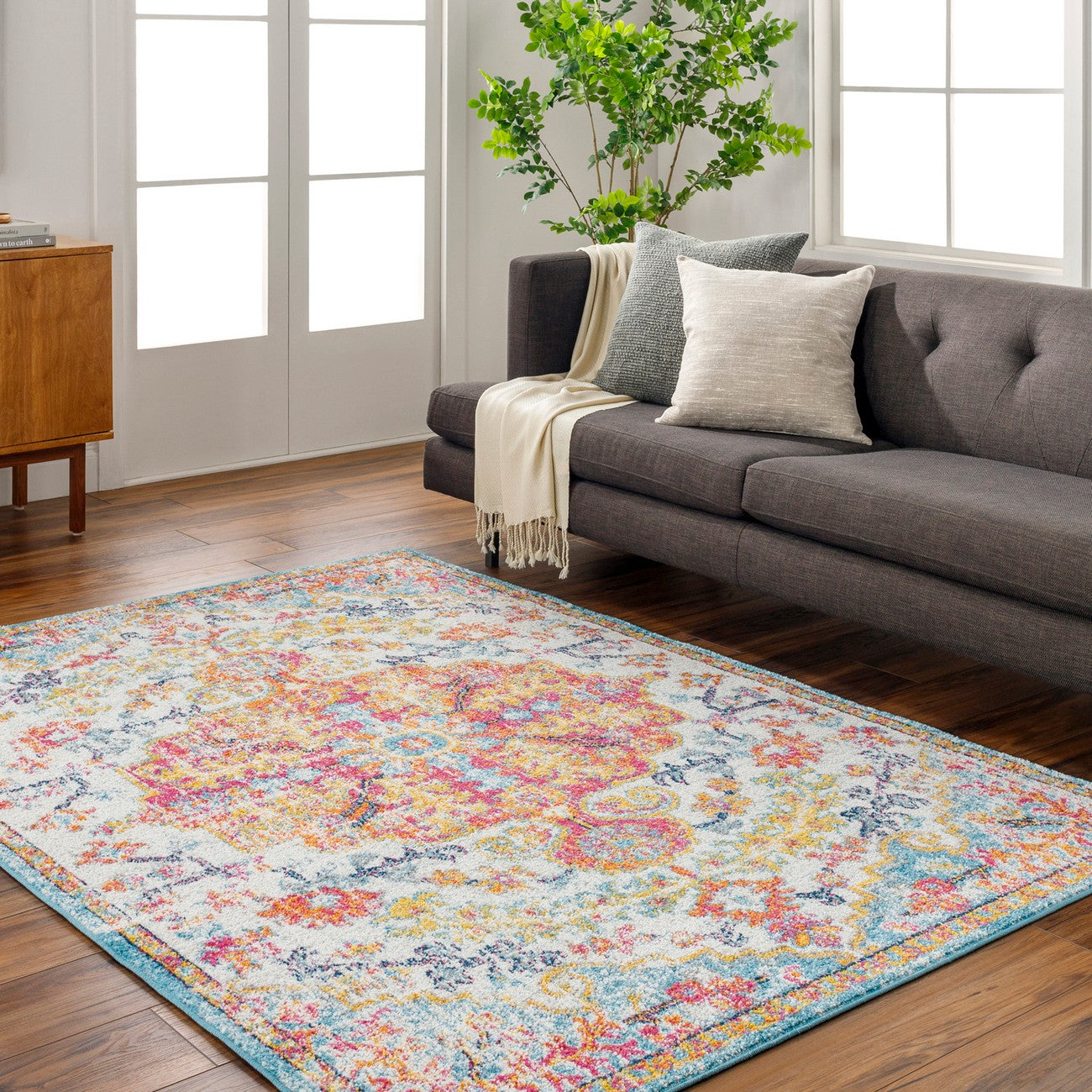 LOU Vintage Traditional Oriental Boho Saffron/Teal Area Rug Roomscene