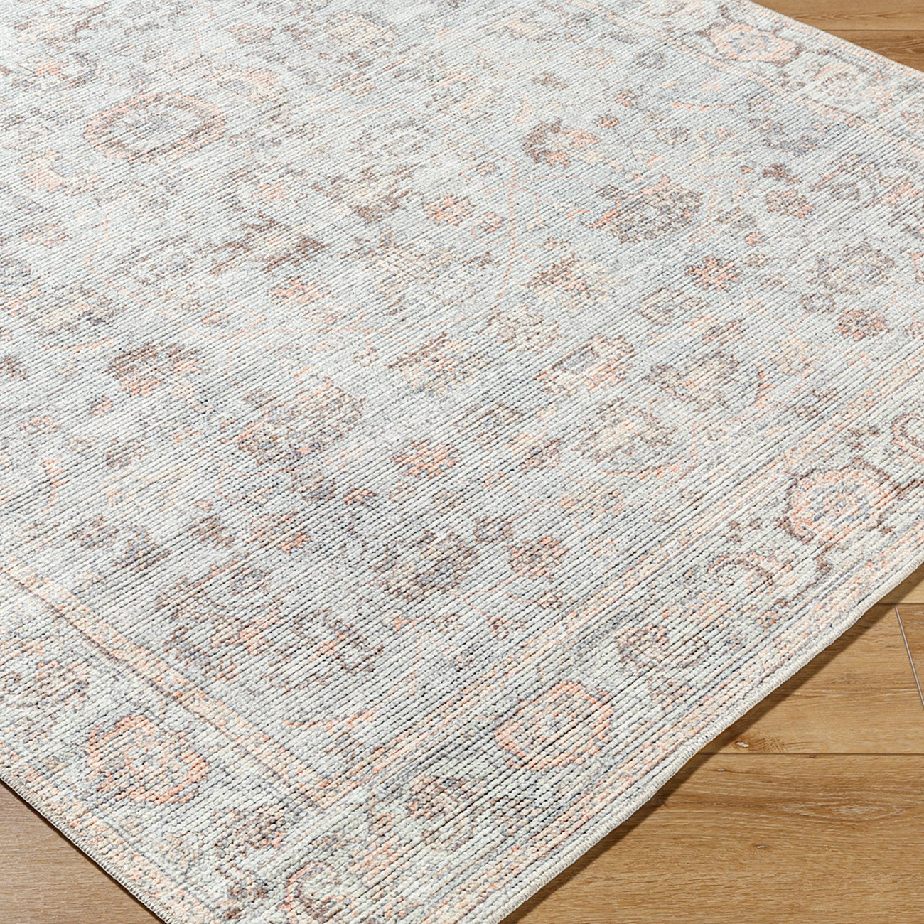 LOUISA Our PNW Home x Livabliss Vintage Oriental Boho Grey/Tan Area Rug Corner