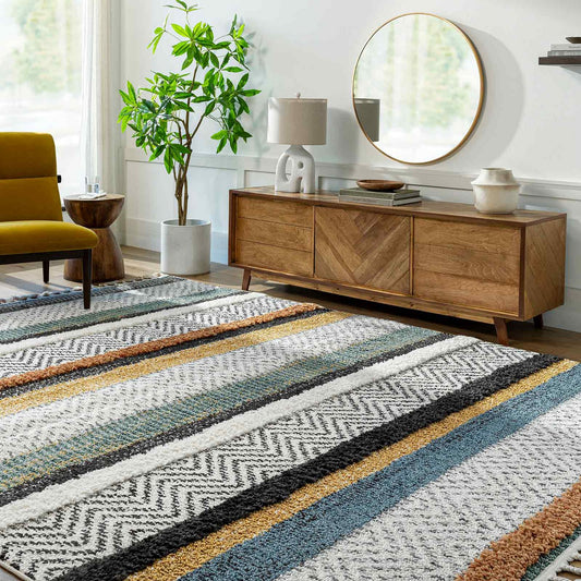 LUCIANA Shaggy Modern Boho Plush Pile Cream Area Rug Roomscene