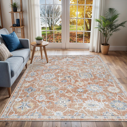 RUBY Machine Washable Traditional Boho Burnt Orange Area Rug Roomscene
