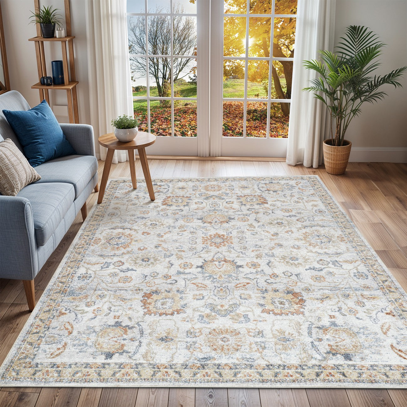 ESTHER Machine Washable Traditional Boho Grey/Oatmeal Area Rug Roomscene