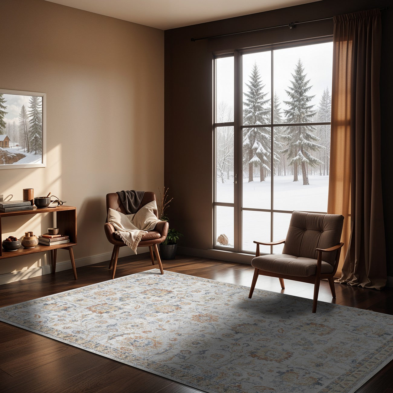 ESTHER Machine Washable Traditional Boho Grey/Oatmeal Area Rug Roomscene