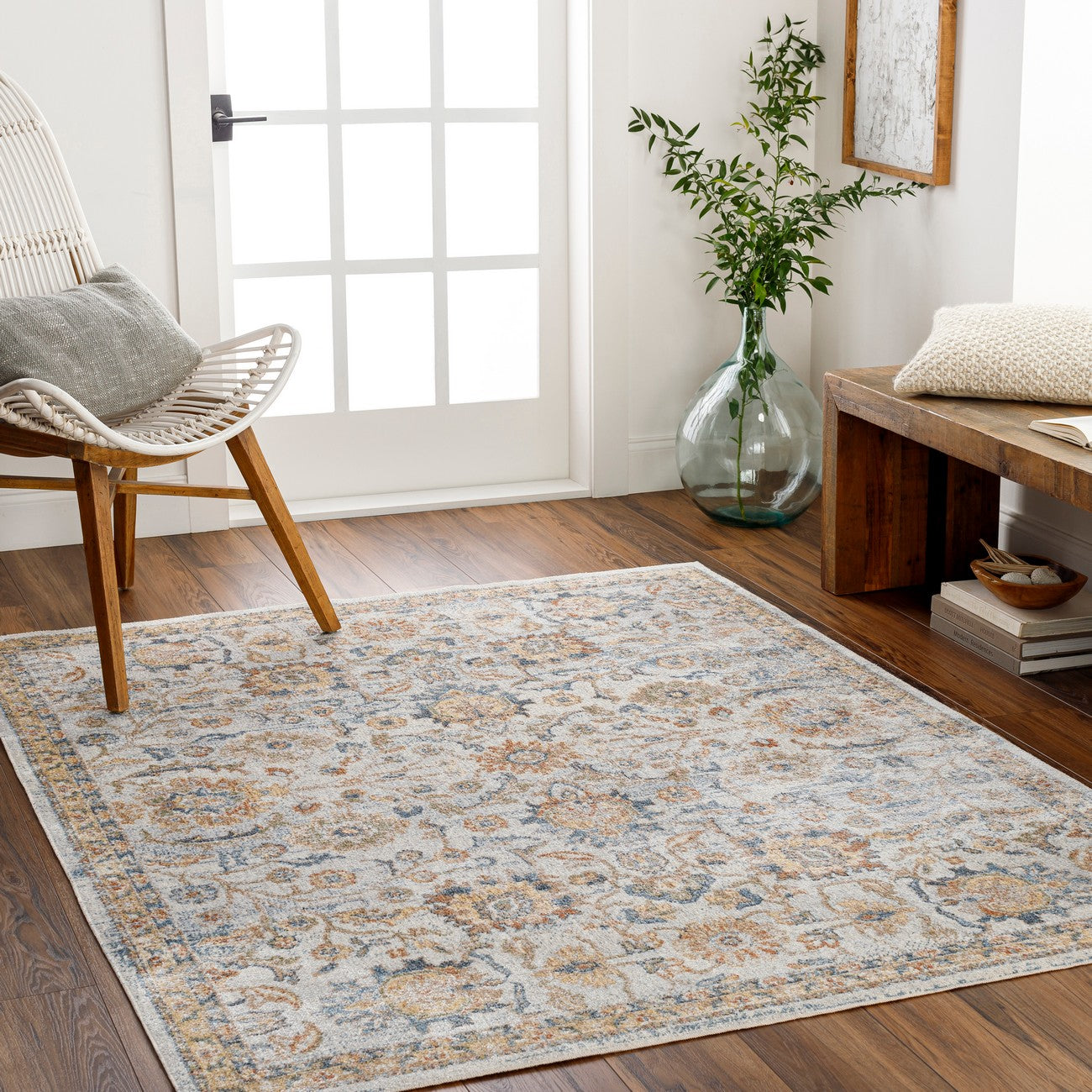 ESTHER Machine Washable Traditional Boho Grey/Oatmeal Area Rug Roomscene