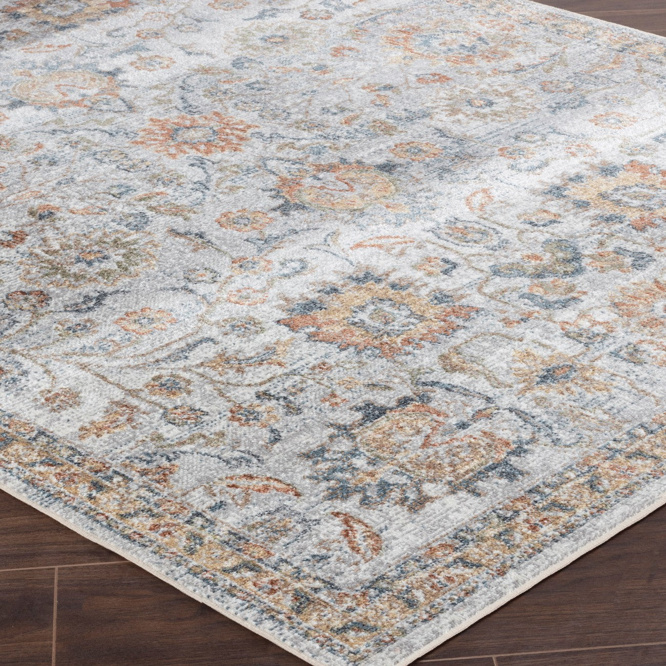 ESTHER Machine Washable Traditional Boho Grey/Oatmeal Area Rug Corner