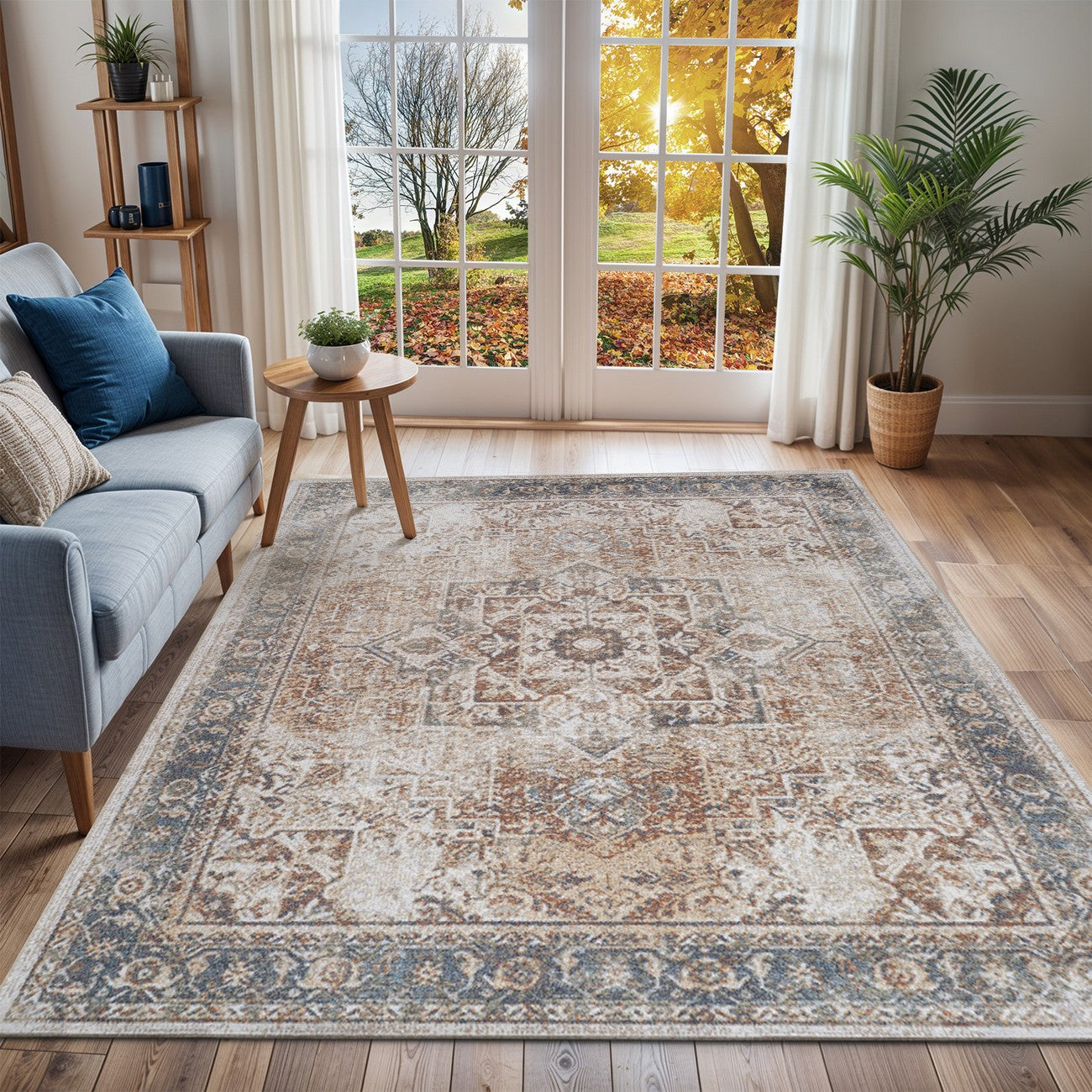 ALORA Machine Washable Traditional Boho Burnt Orange Area Rug 