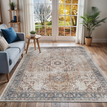 ALORA Machine Washable Traditional Boho Burnt Orange Area Rug 